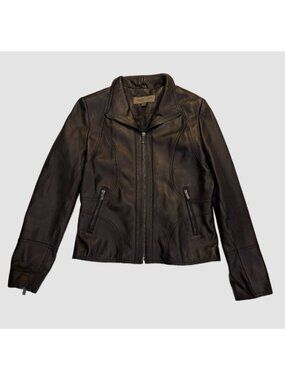 Marc New York Andrew Marc Womens L Black Leather Moto Jacket Fitted Zip Front